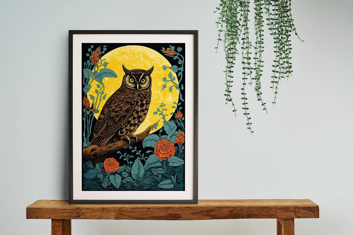 Owl And Flowers Under Moonlight, Vintage Block Print - Image 3
