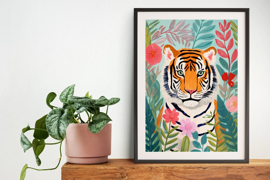 Tiger In Pastel Botanical Jungle Art Print - Image 3