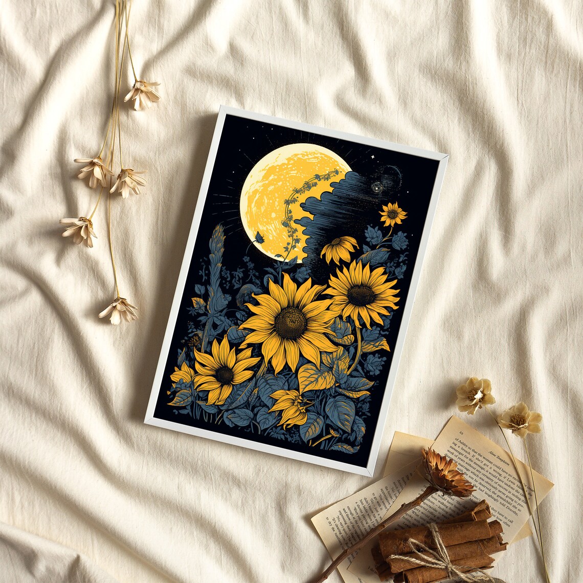 Moon and Sunflowers Vintage Block Print Art Print - Image 2