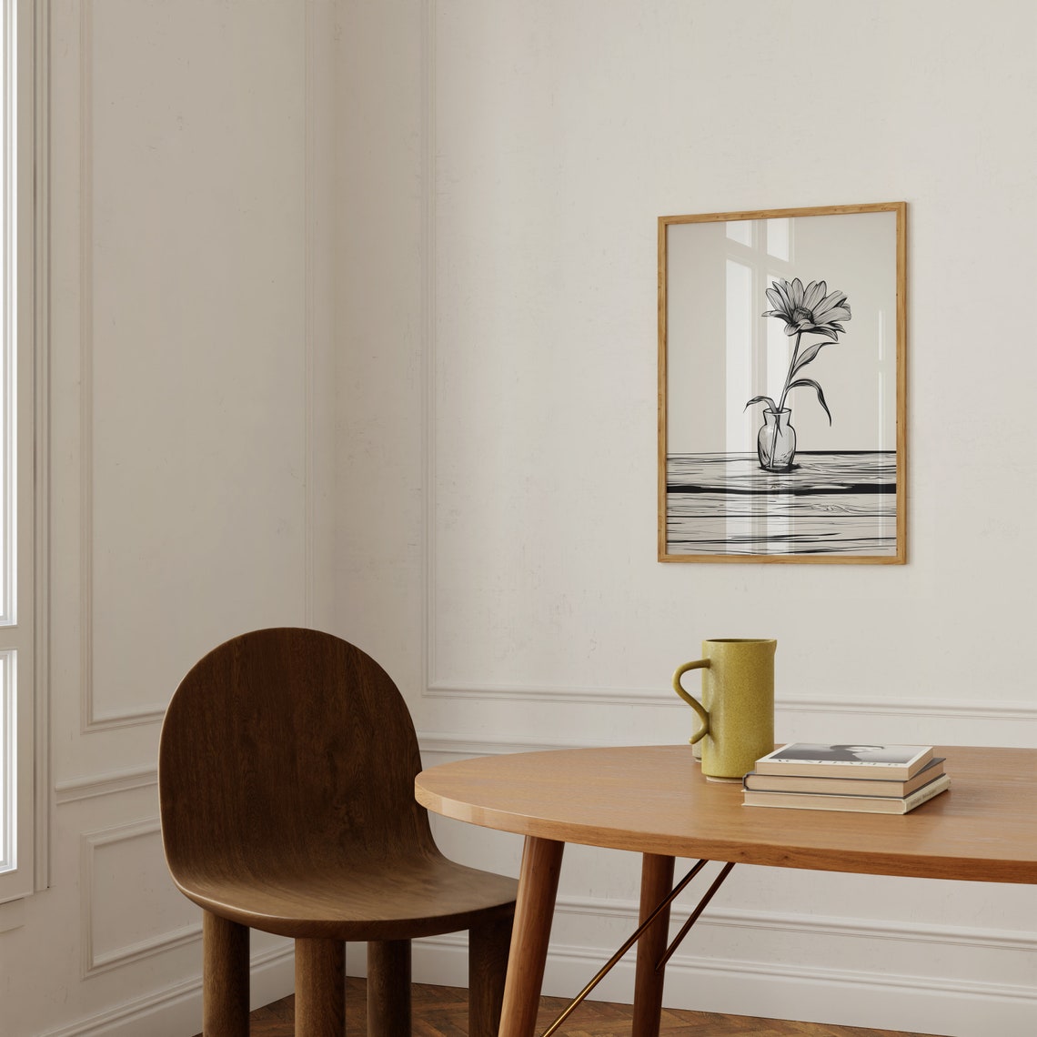 Lone Daisy Flower in Vase Black and White Ink Sketch Art Print - Image 2