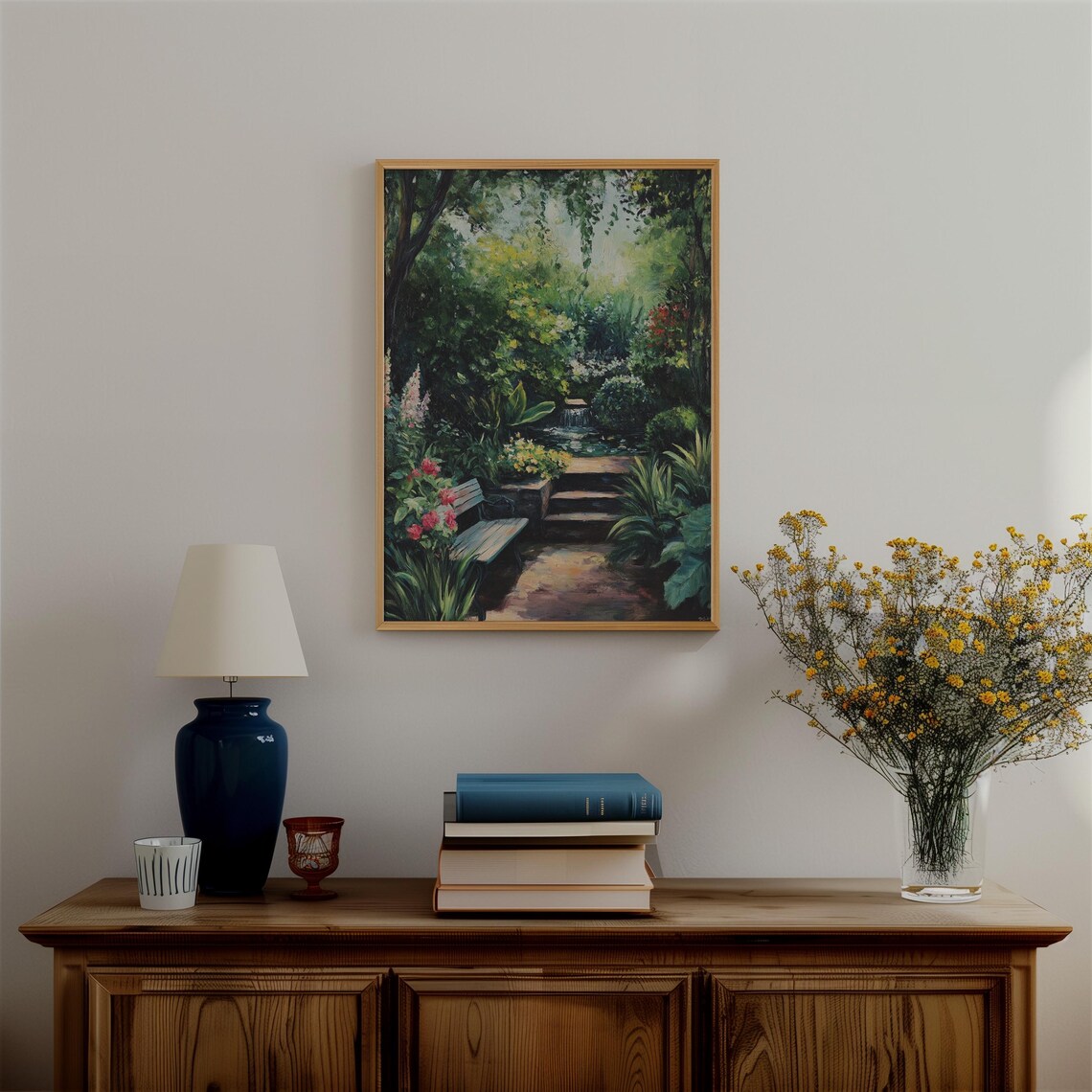 English Cottage Garden Blooming Flowers Wooden Bench Art Print - Image 2