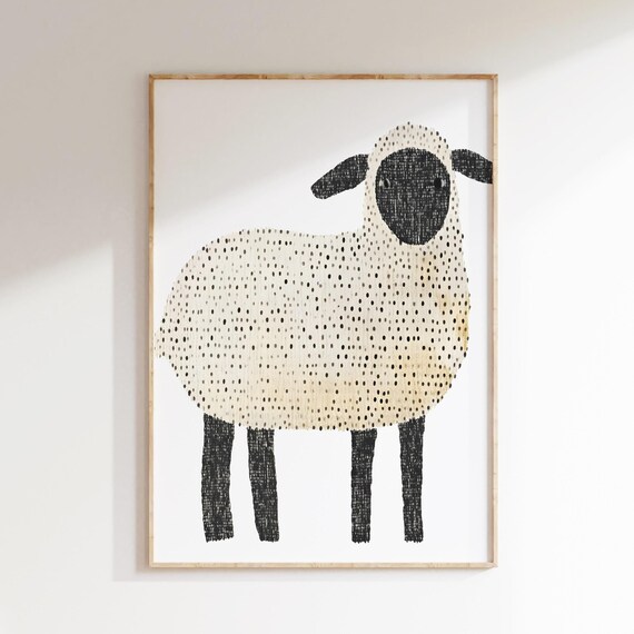 Minimal Sheep Print Farm Nursery Kids Room Painting Whimsical Animal Wall Decor Modern Lamb Poster Neutral Large Art