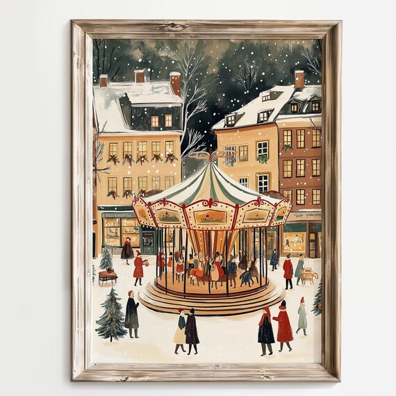 Cozy Christmas Village Carousel Snowy Winter Holiday Decor Poster
