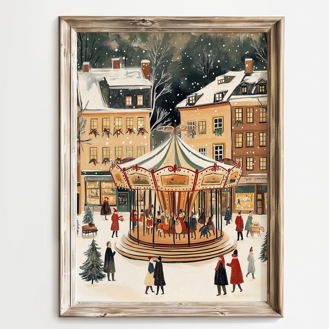 Cozy Christmas Village Carousel Snowy Winter Holiday Decor Poster