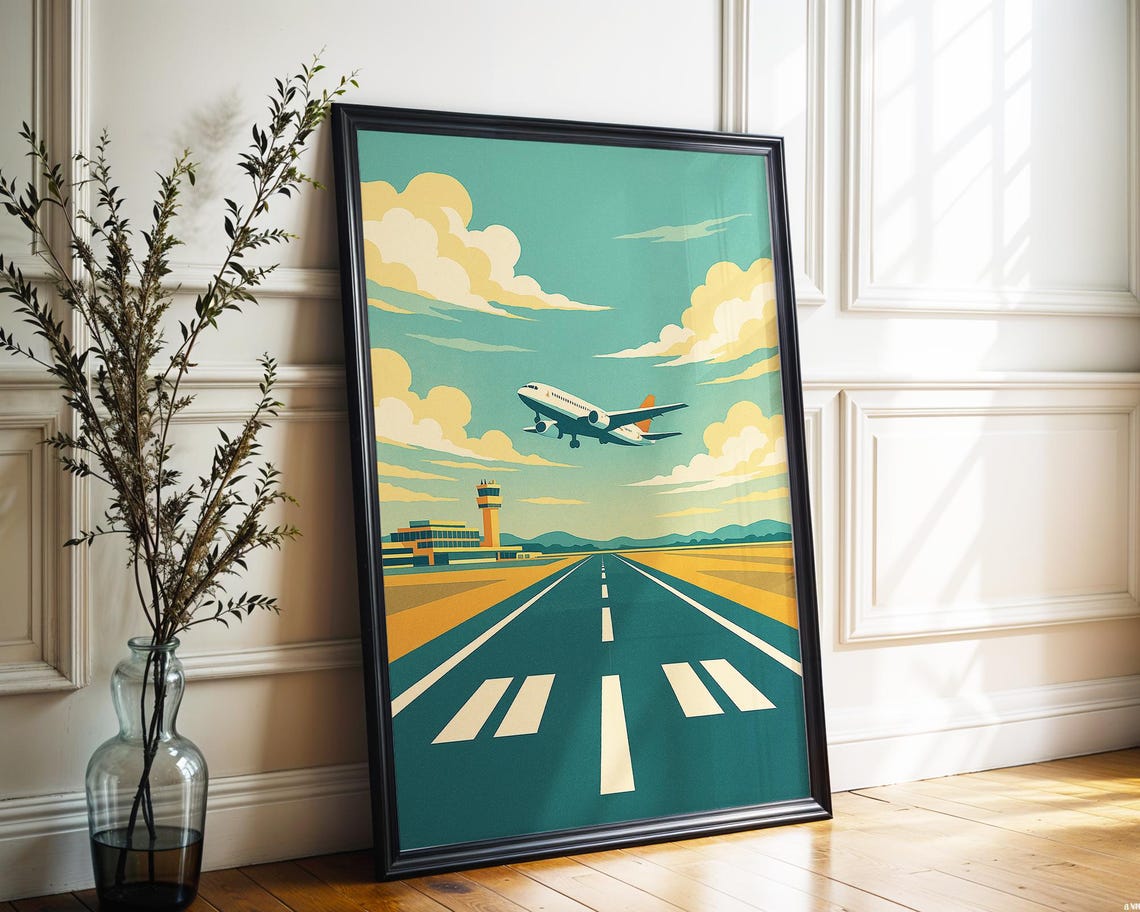 Jetliner Runway Takeoff Dramatic Clouds Retro Aviation Poster