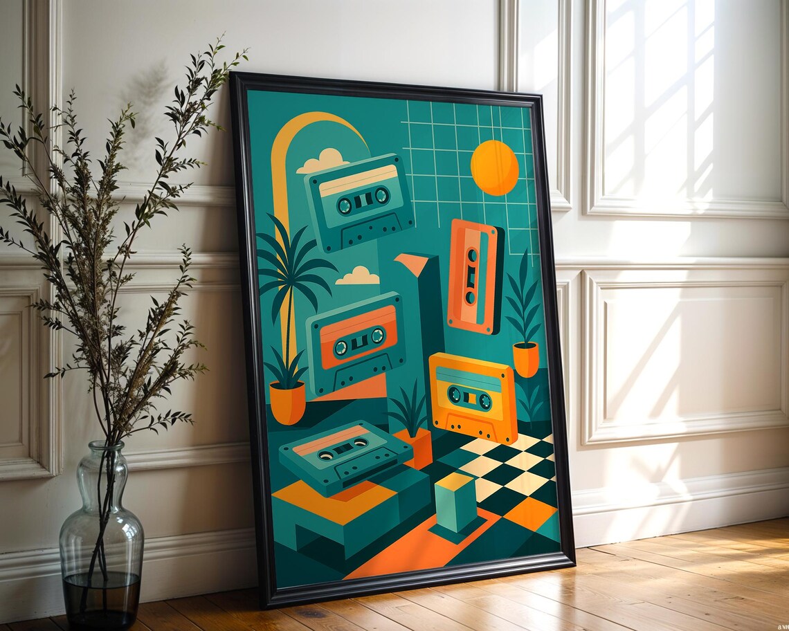 80s Retro Cassette Tape, Surreal Memphis Style Poster