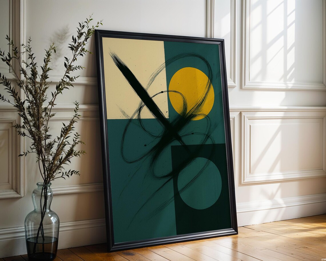 Modern Abstract Geometric Wall Art Teal Mustard Black Minimalist