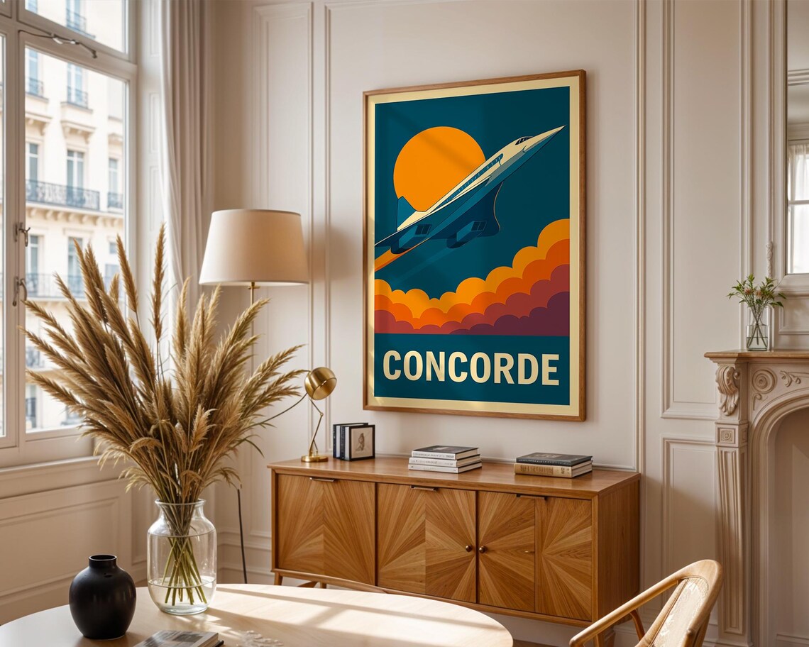 Concorde Supersonic Airliner Sunset Clouds Vintage Travel Poster