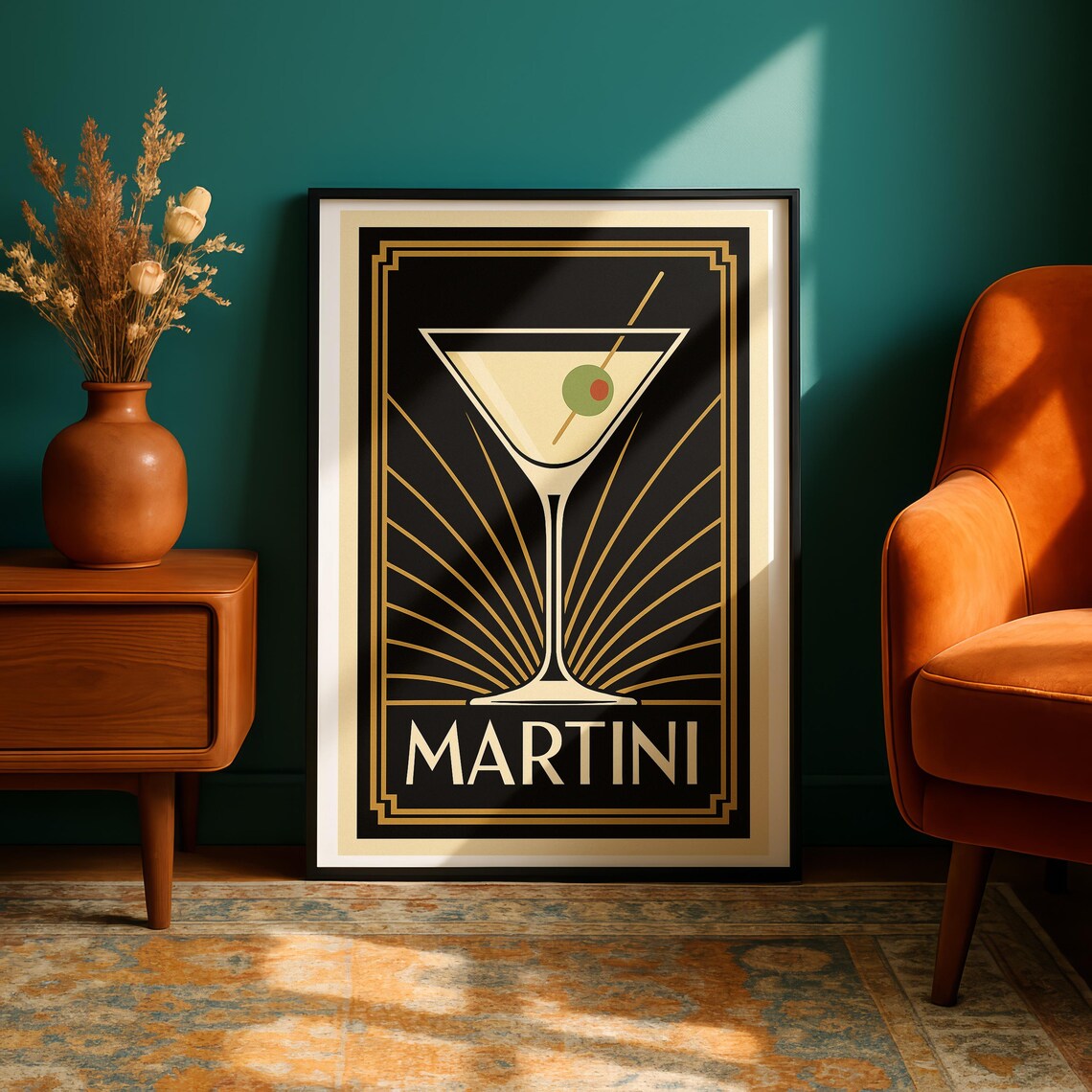 Art Deco Martini Glass Black And Gold Vintage Cocktail Bar Poster