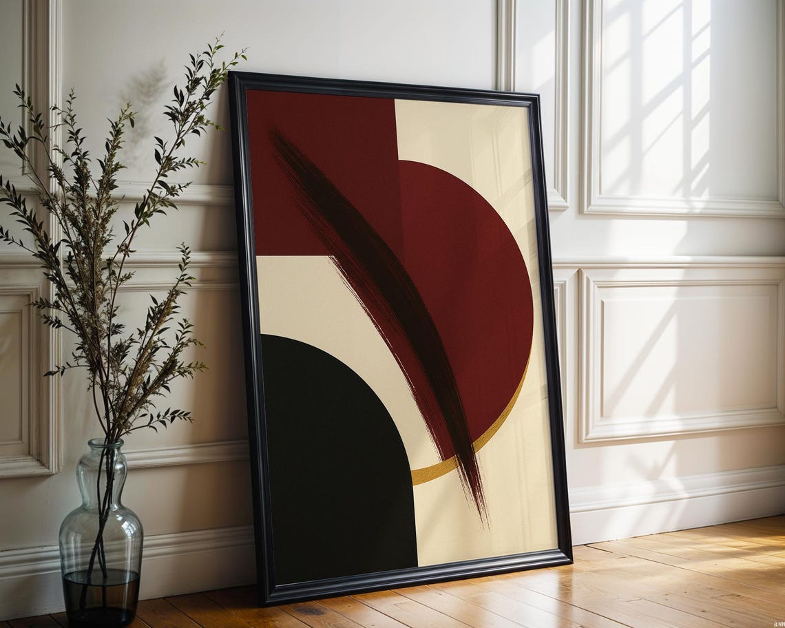 Minimalist Abstract Wall Art Print Burgundy Black Gold Geometric Modern Decor