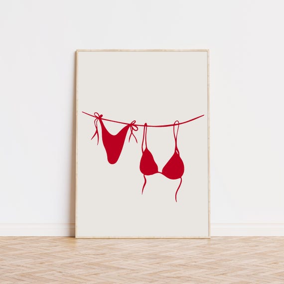 Red Bikini Print Girly Beach Bar Cart Art Trendy Prints Preppy Room Decor Wall Museum Quality