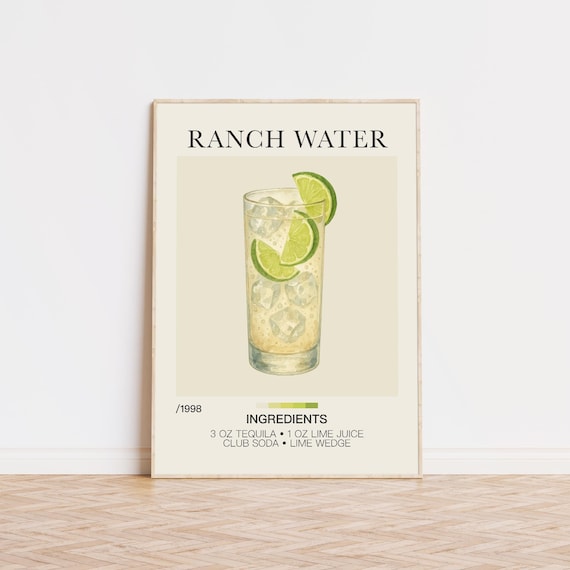 Ranch Water Cocktail Recipe Watercolor Tequila Lime Bar Poster