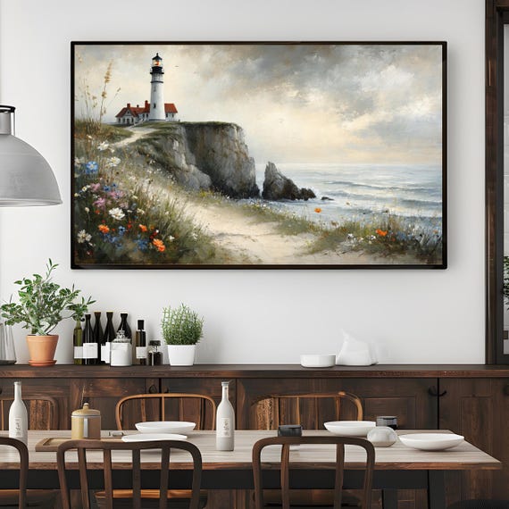 Frame Tv Summer Coastal Art Abstract Lighthouse Landscape Painting Ocean Beach Decor Sunset Seascape