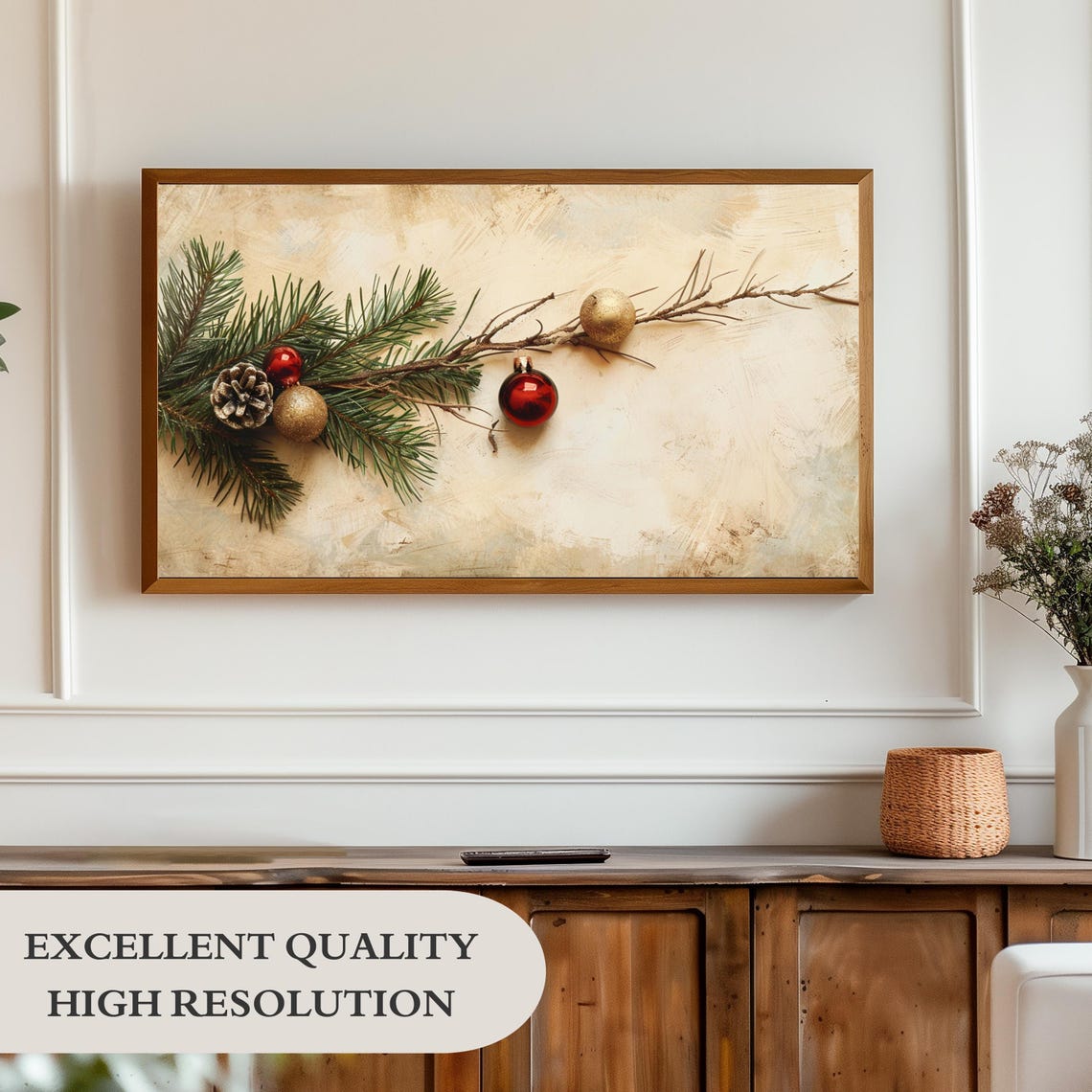 Pine Branch Red Gold Ornaments Neutral Minimalist Christmas Poster