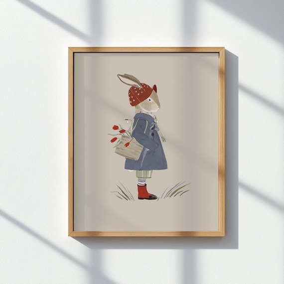 Vintage Bunny Tulips Blue Coat Red Hat Spring Kids Nursery Poster