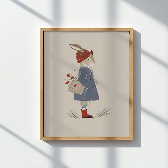 Vintage Bunny With Tulips Print Nursery Wall Art In Blue Coat Red Hat Spring Animal Illustration