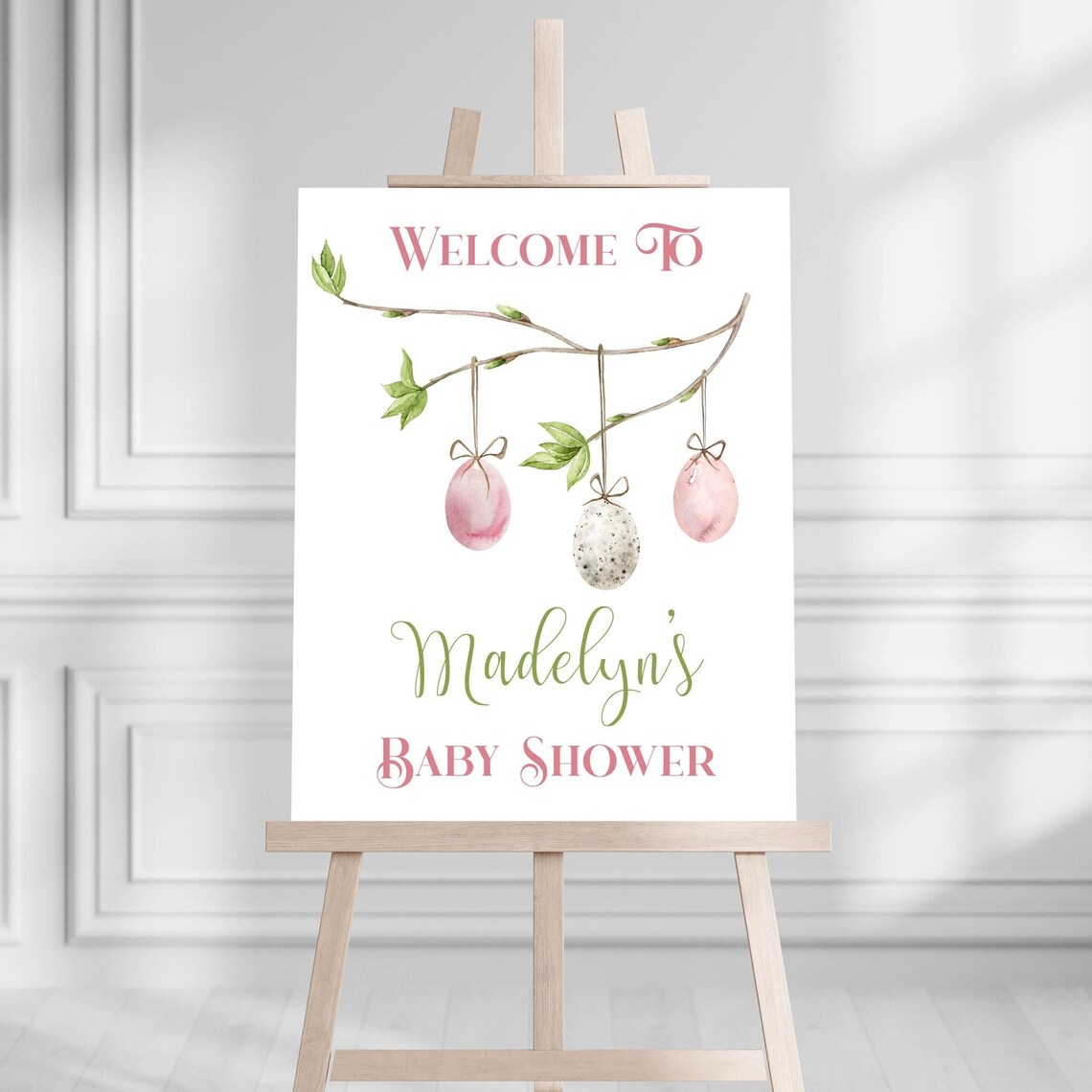 Madelyn's Baby Shower Welcome Sign Personalized Hanging Eggs Poster - Image 3