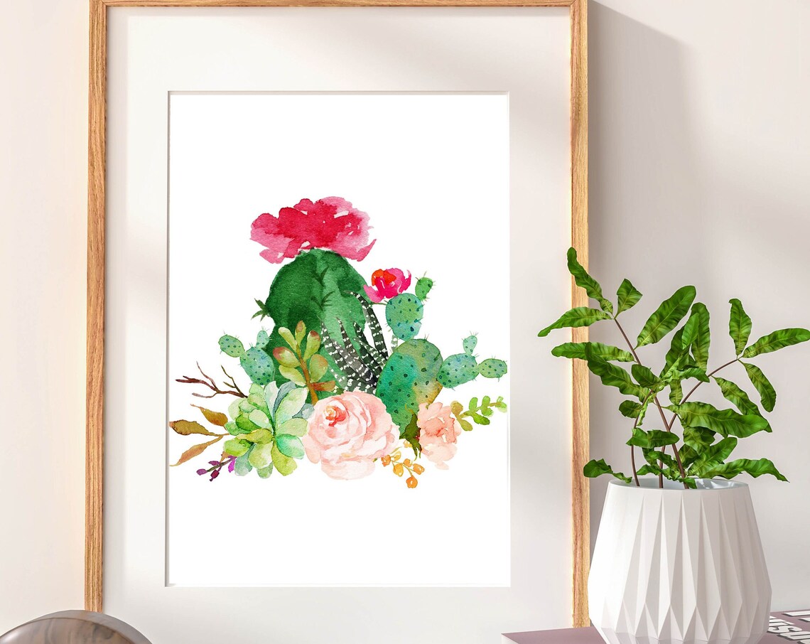 Blooming Cactus and Succulent Watercolor Arrangement Art Poster
