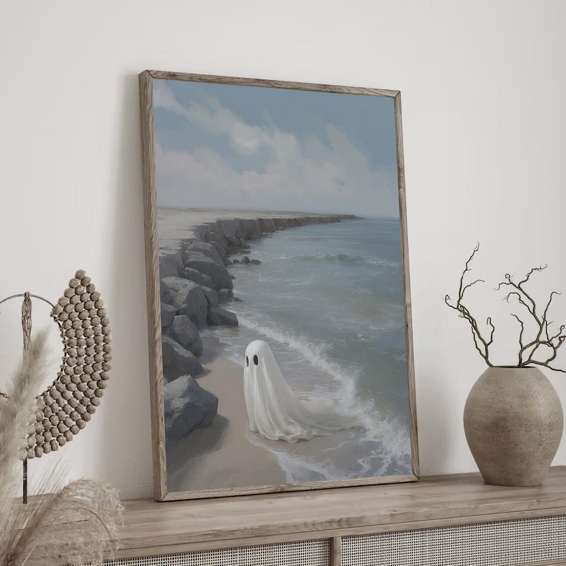 Lonely Ghost On A Rocky Beach Neutral Coastal Halloween Poster - Image 3