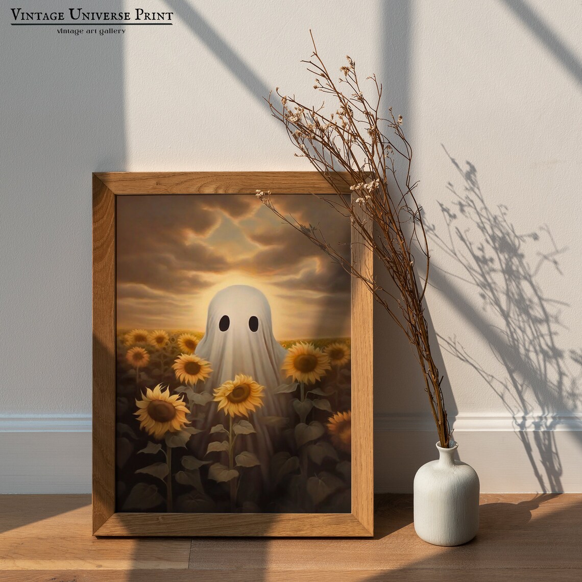Ghost Standing In A Sunflower Field At Golden Sunset Halloween Poster - Image 3