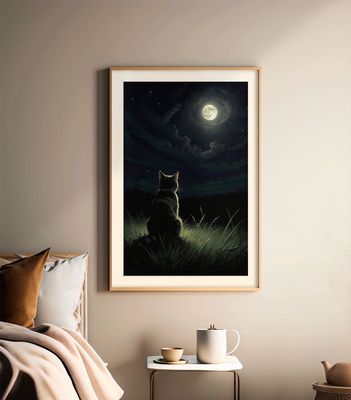 Cat Silhouette Watching the Full Moon Rise Over Tall Grass Art Print - Image 2