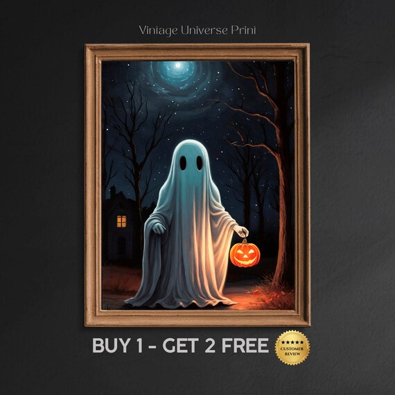 Ghost With A Jack O Lantern On A Spooky Moonlit Night In The Woods Art Print