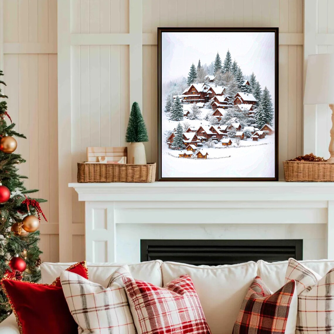 Snowy Hillside Village Wooden Cabins Winter Landscape Poster - Image 3