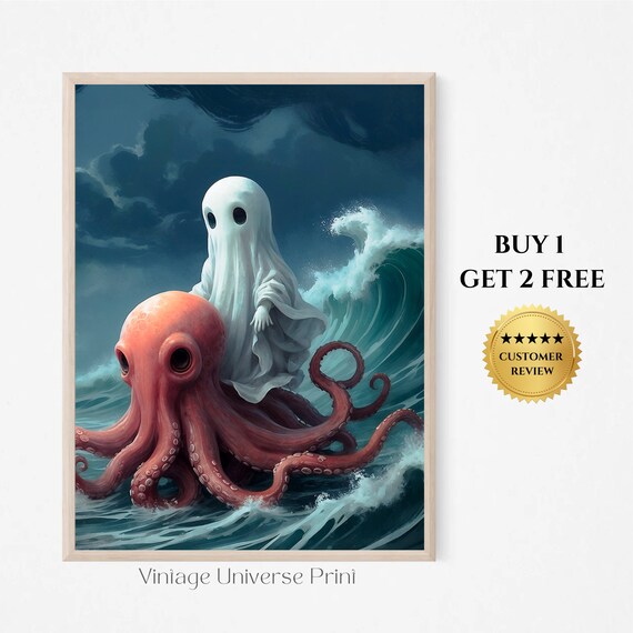 Ghost Riding A Giant Red Octopus On Stormy Ocean Waves Whimsical Art Print