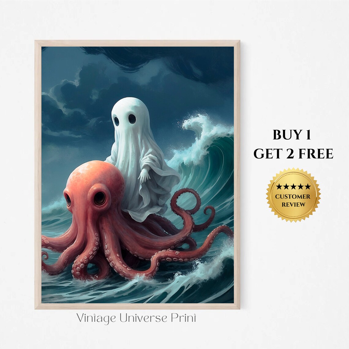 Ghost Riding A Giant Red Octopus On Stormy Ocean Waves Whimsical Art Print
