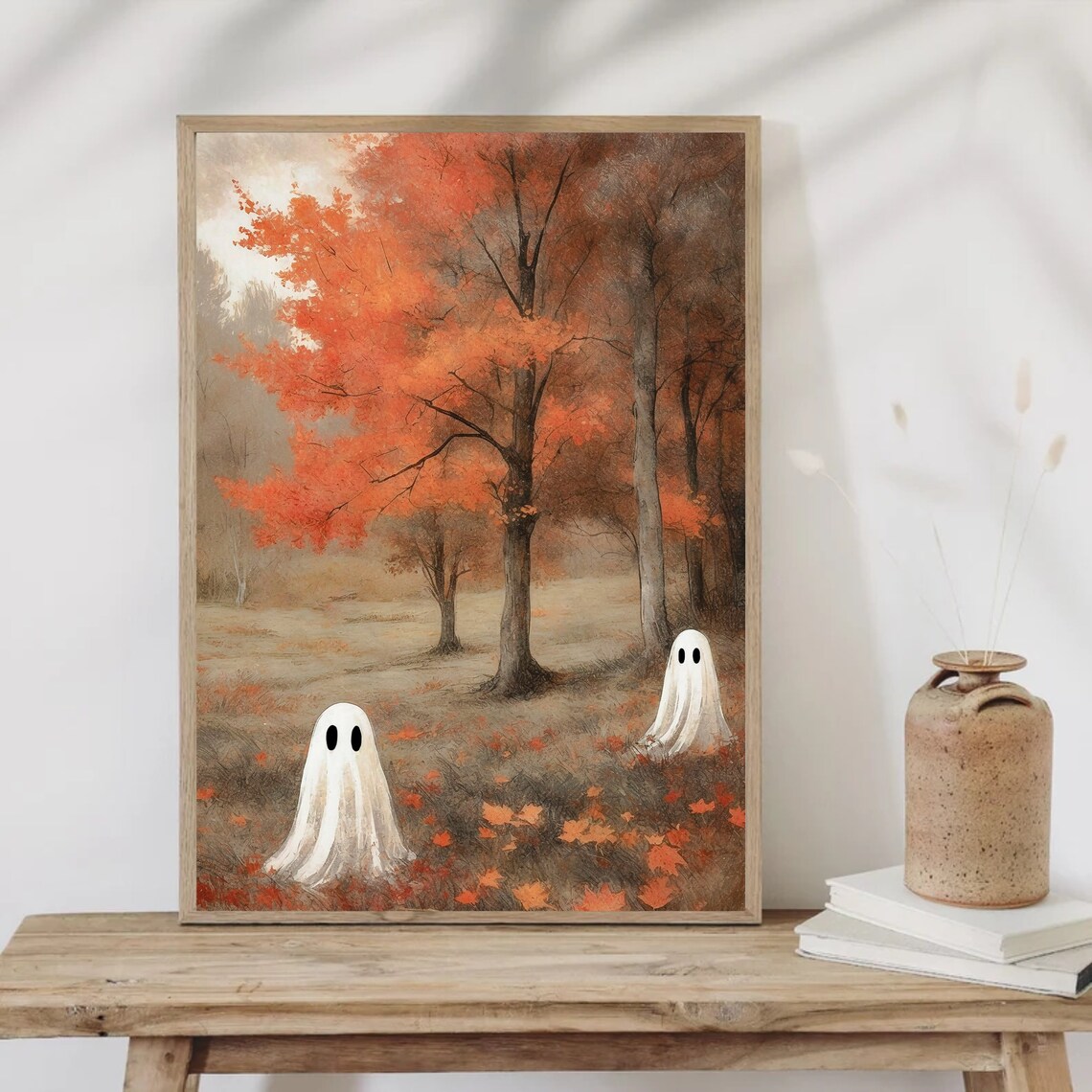 Two Ghosts In A Misty Orange Autumn Forest With Fallen Leaves Vintage Art Print - Image 4