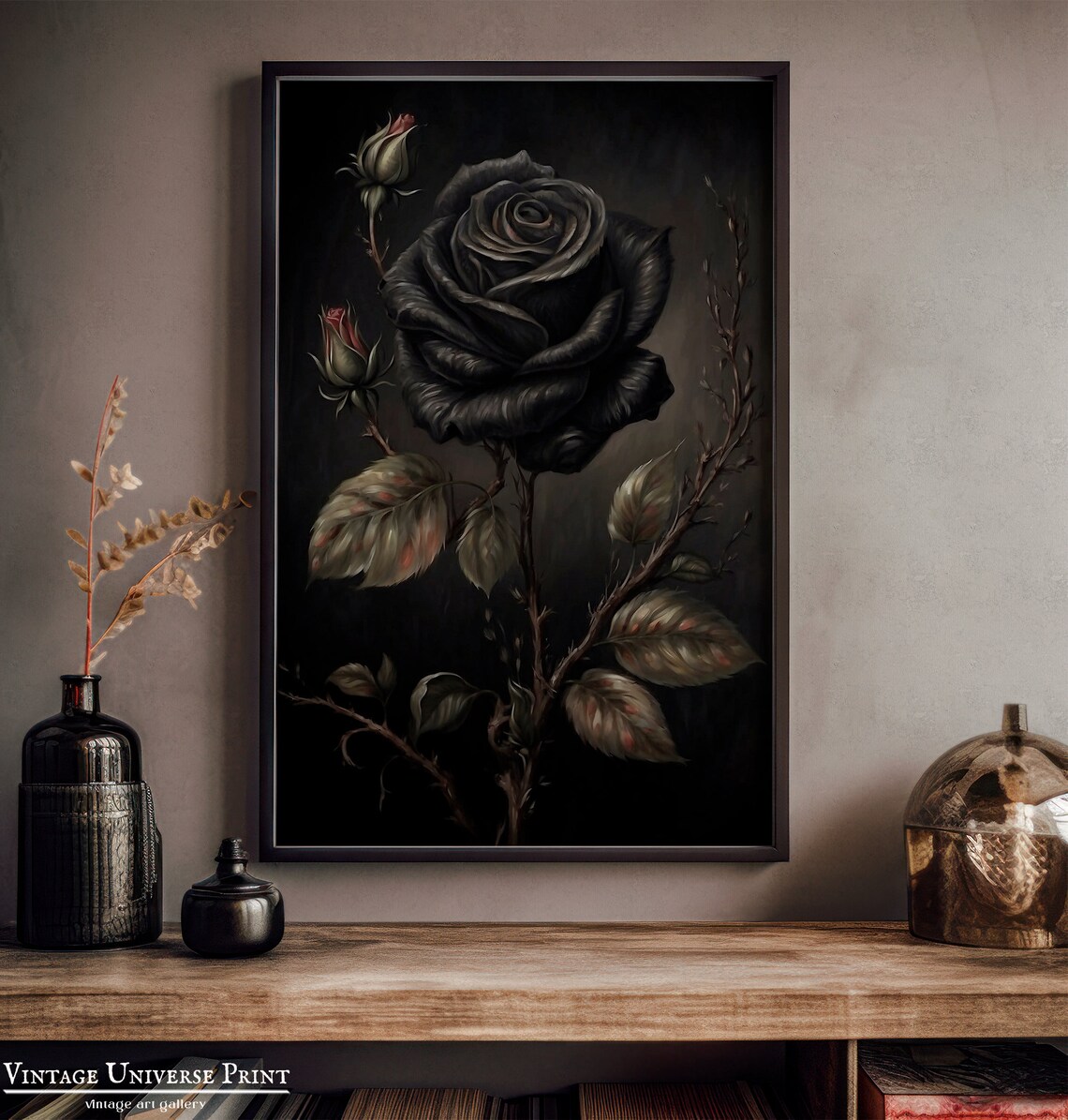 Dark Black Rose Bloom Moody Vintage Floral Oil Painting Wall Art - Image 4