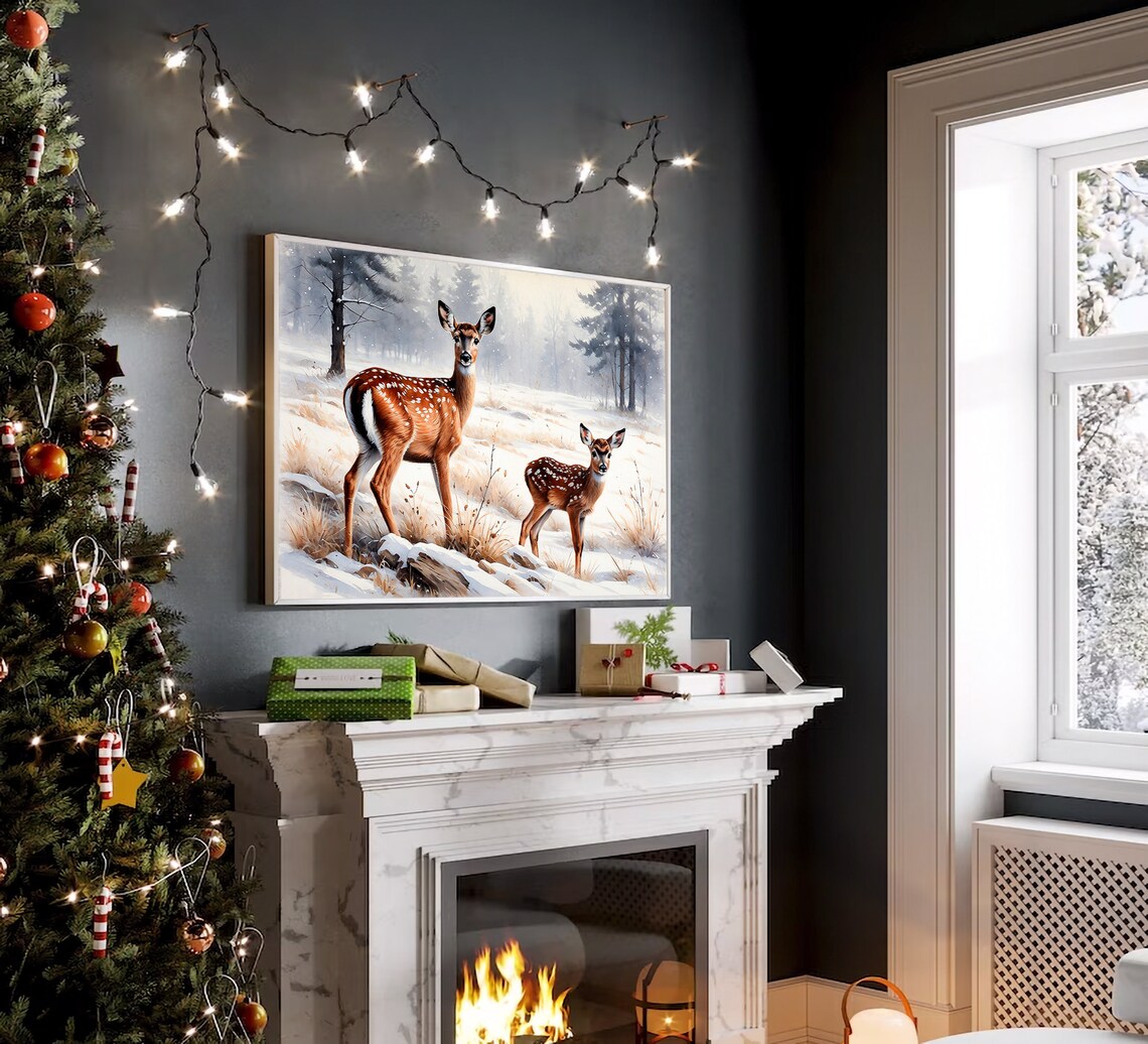 Mother Deer Fawn Snowy Meadow Winter Wildlife Tender Scene Poster - Image 2