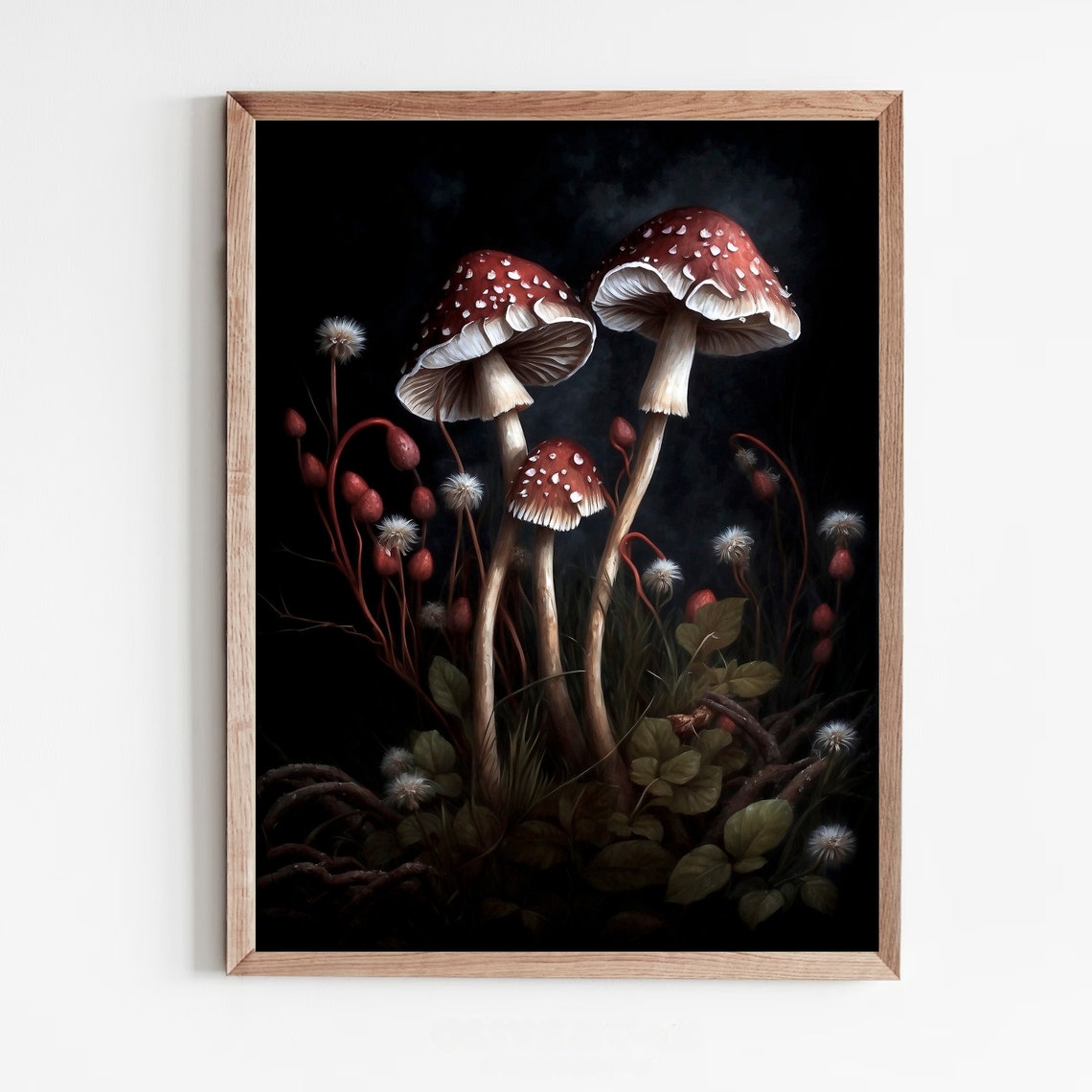 Red Fly Agaric Mushrooms With Seed Heads On Black Background Poster - Image 5