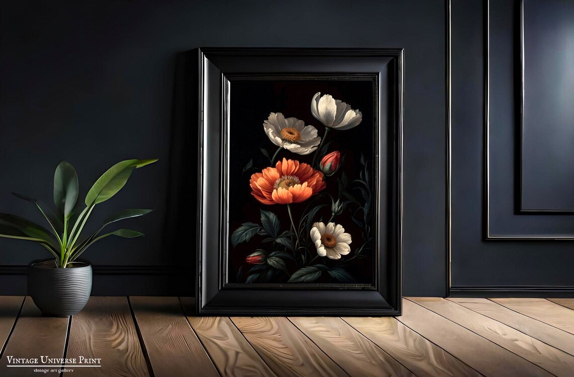Orange And White Wildflowers On Black Background Moody Floral Poster - Image 4