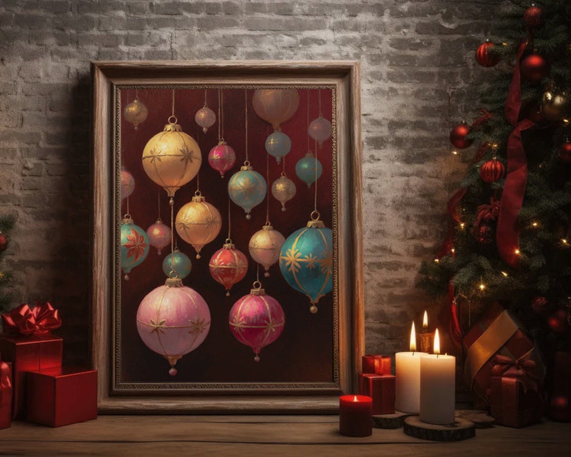 Christmas Balls Vintage Painting Christmas Ornament Christmas Bauble Art Christmas Oil Painting Winter Wall Art Festive Art - Image 2