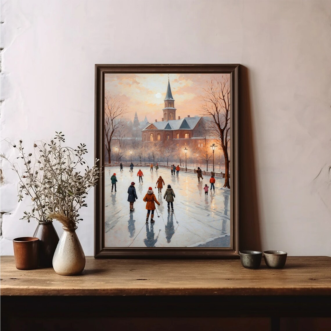Ice Skaters on Frozen Pond Before Church Winter Vintage Poster - Image 3