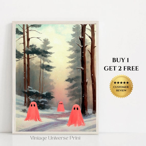 Cute Ghosts In Winter Forest Landscape Vintage Painting Winter Wall Art Print Snowy Landscape Painting Farmhouse Decor 01