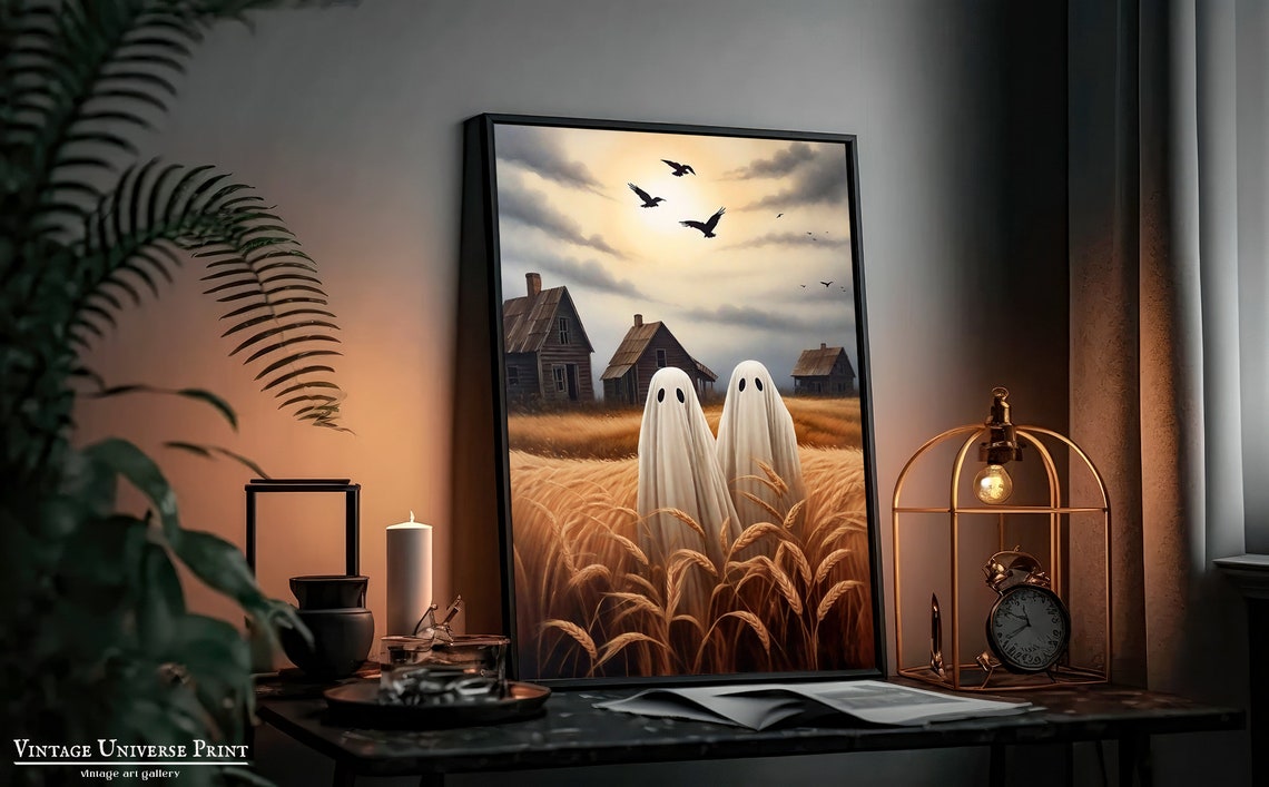 Two Sheet Ghosts in a Golden Wheat Field Vintage Halloween Poster - Image 2
