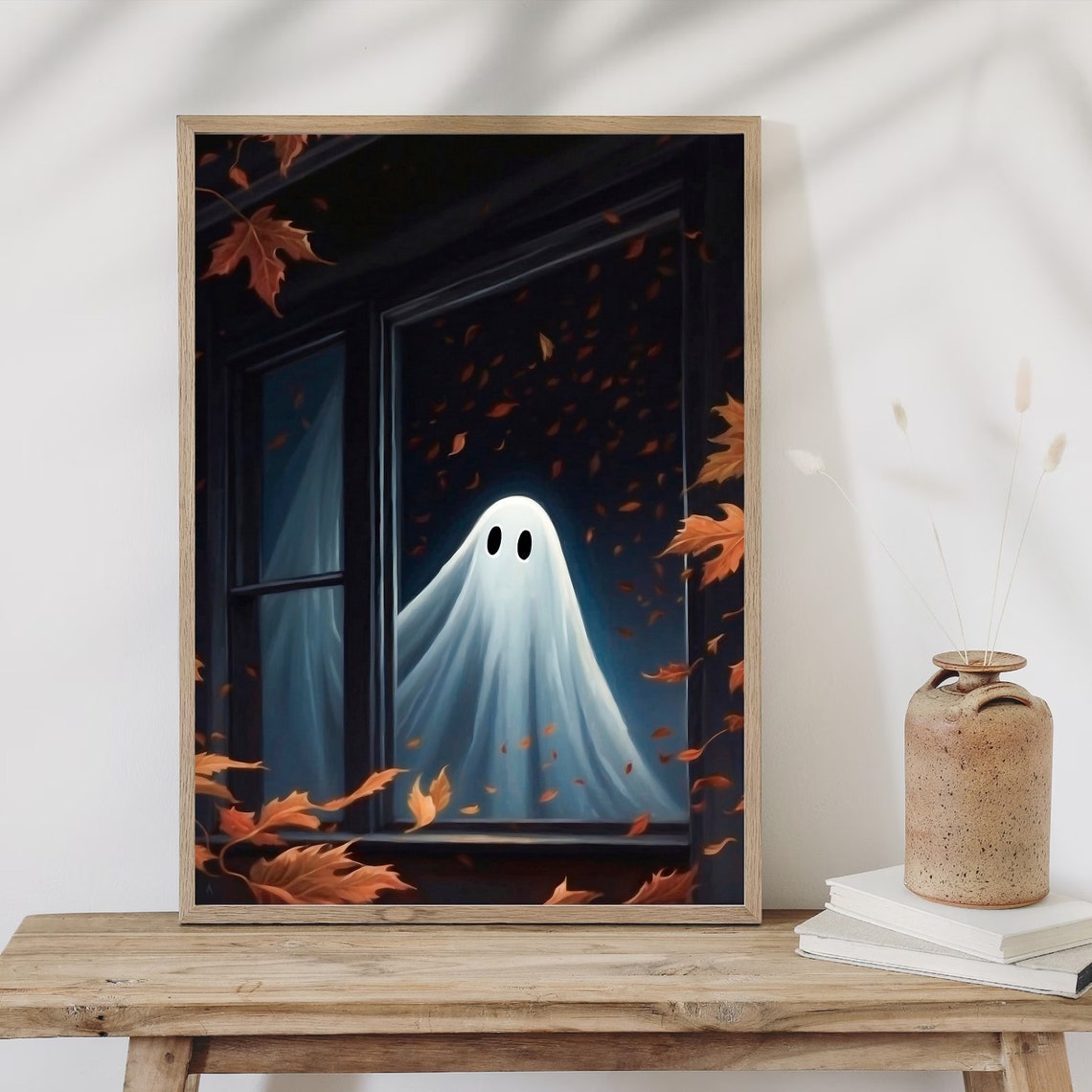 Ghost Peering Through A Night Window With Falling Autumn Leaves Poster - Image 2