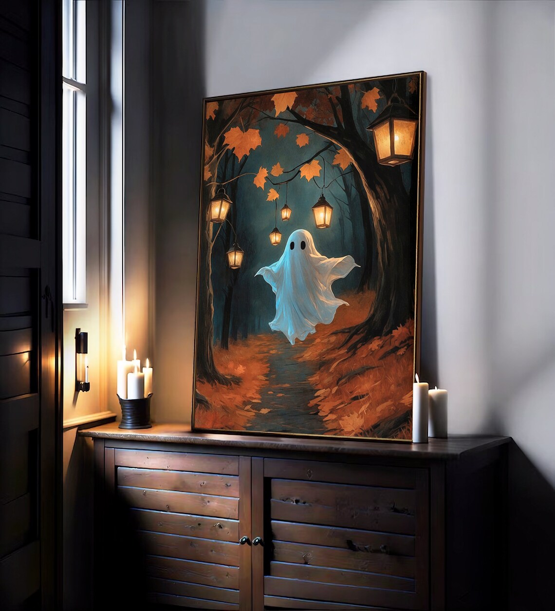 Cute Ghost On Lantern Lit Path In Dark Autumn Woods Halloween Painting Poster - Image 3