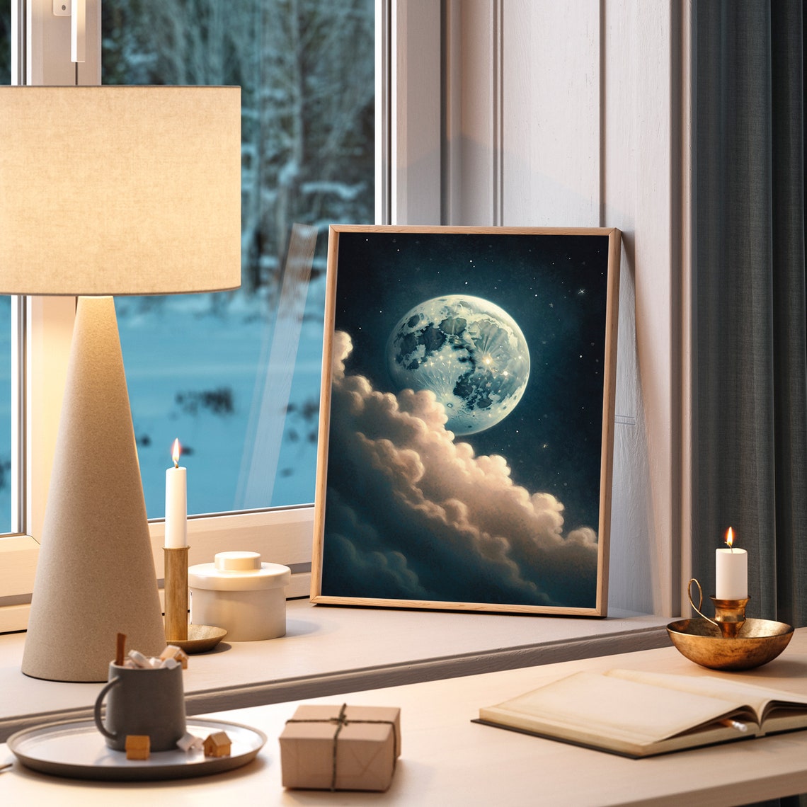 Full Moon Behind Night Clouds Under a Teal Starry Sky Wall Art - Image 5