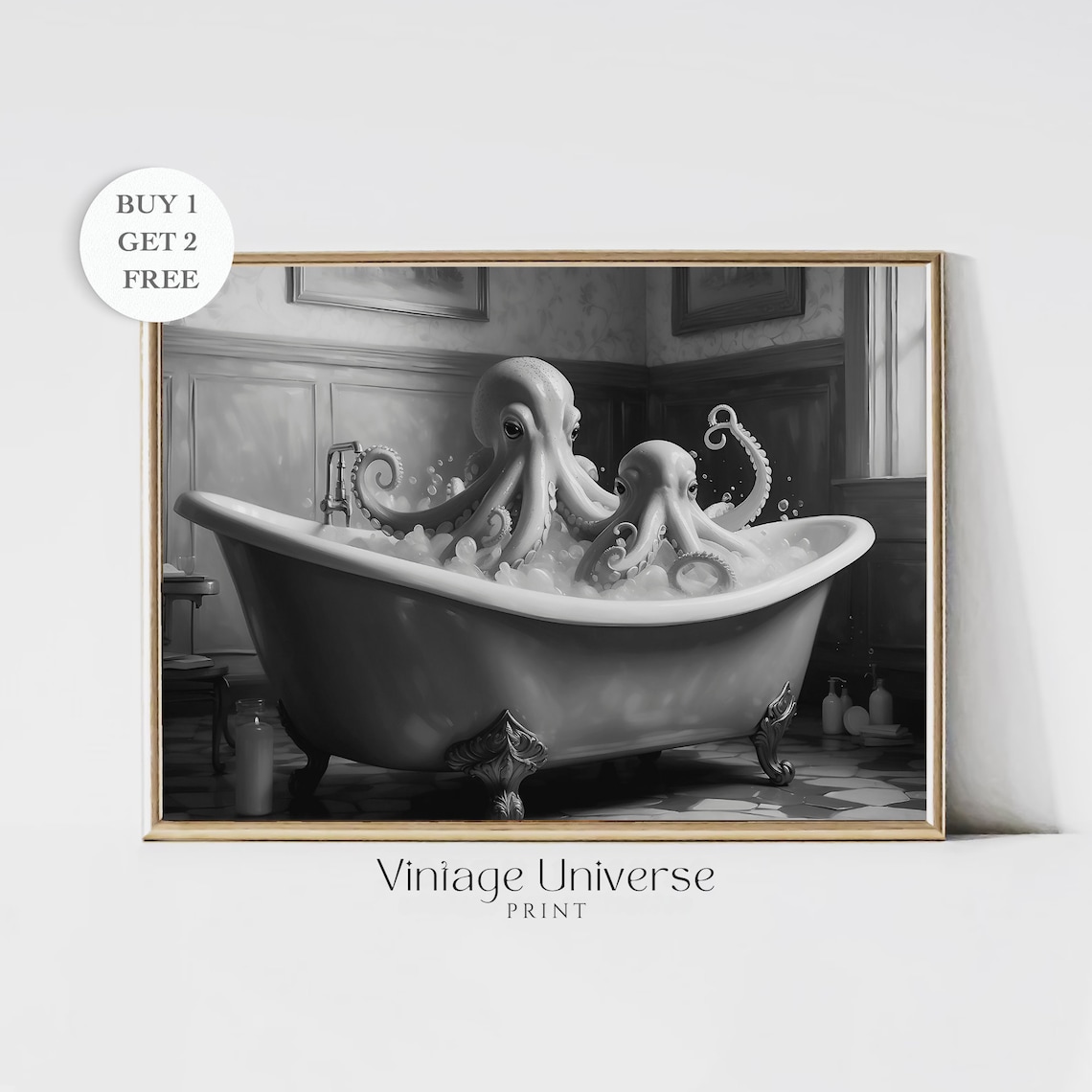 Two Octopuses in a Bathtub Black and White Classic Animal Art Print