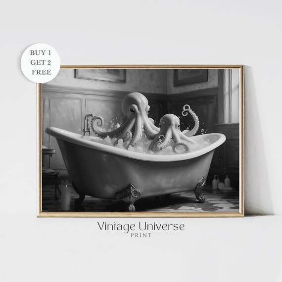 Octopus In Bathtub Print Octopus Wall Art Bathroom Wall Art Print Octopus Poster Bathroom Decor Bath Art Print Instant