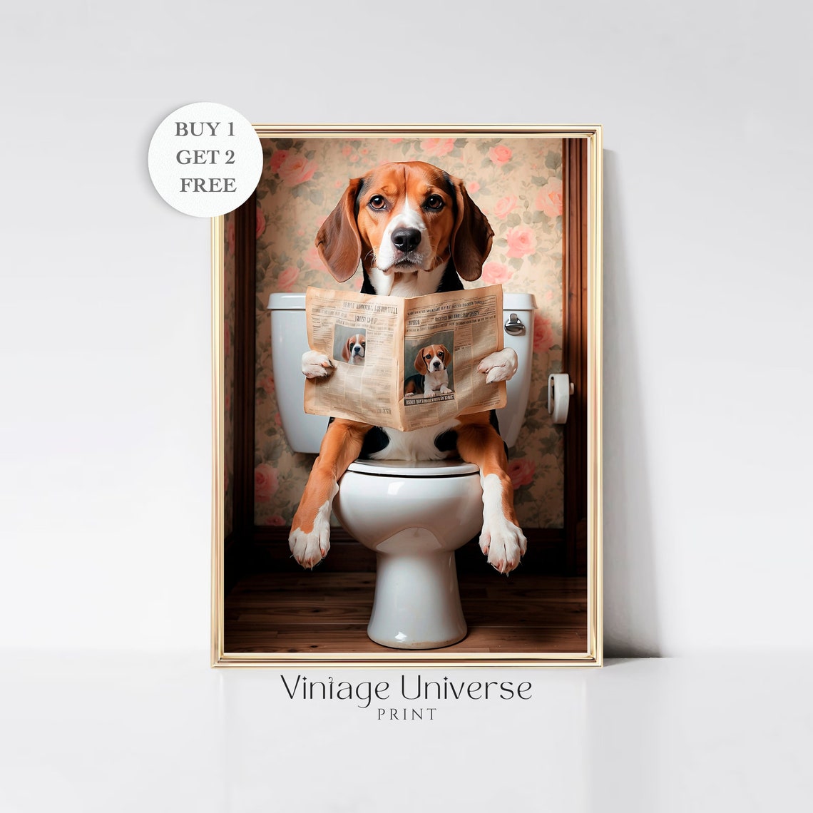Friendly Beagle Reading A Newspaper On The Toilet Dog Poster