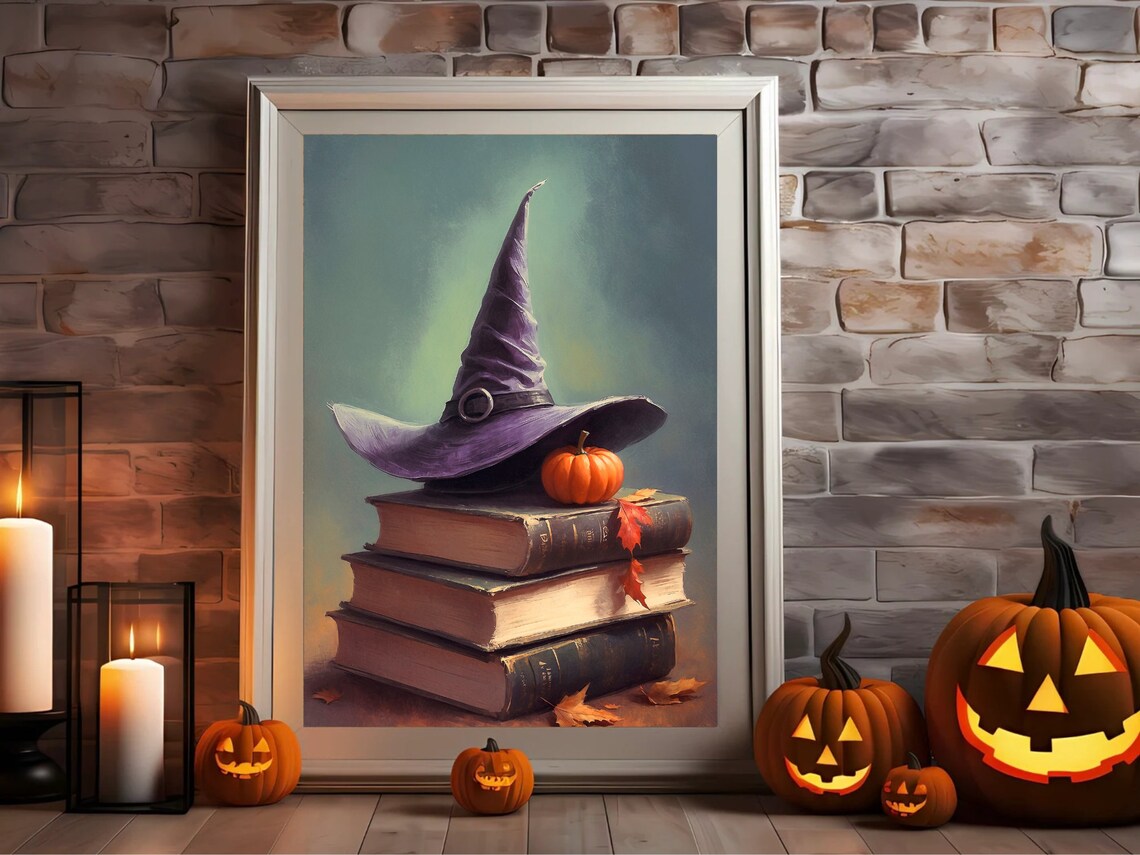 Witch Hat On Stack Of Old Books With Small Pumpkin Halloween Still Life Poster - Image 4