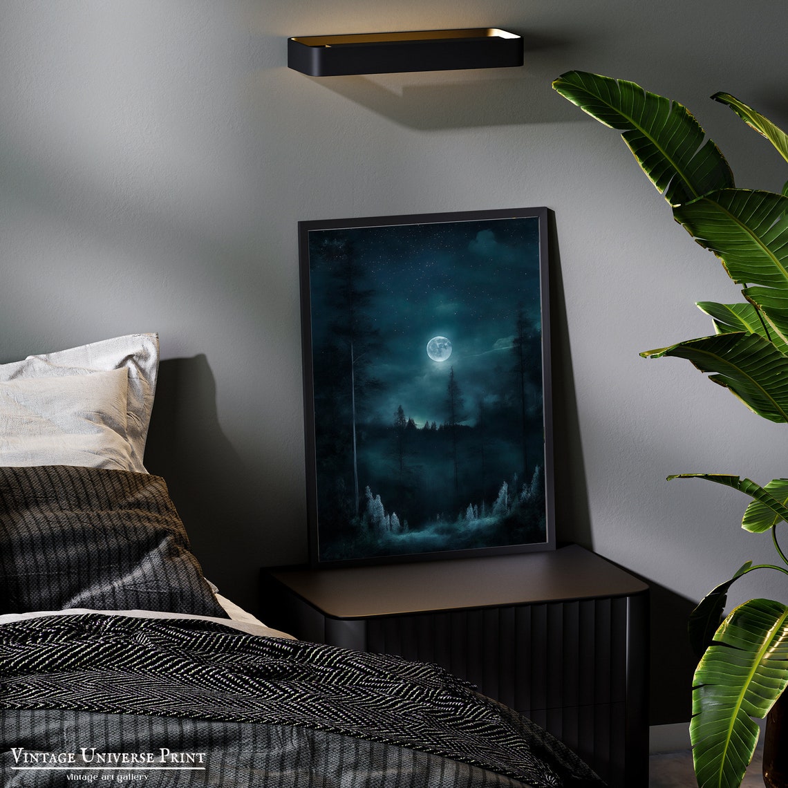 Teal Night Forest Full Moon Starry Sky Moody Celestial Poster - Image 2