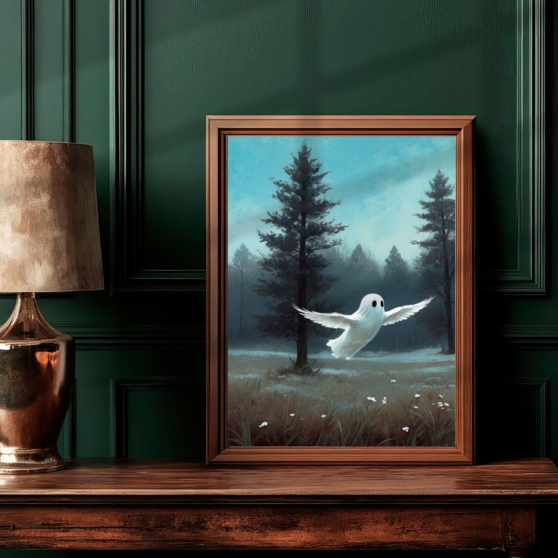 Ghost With White Wings Flying Over Misty Pine Forest Moody Painting Poster - Image 2