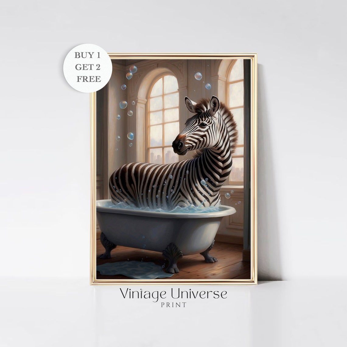 Zebra Soaking In A Bubble Bath Beneath Arched Windows Poster