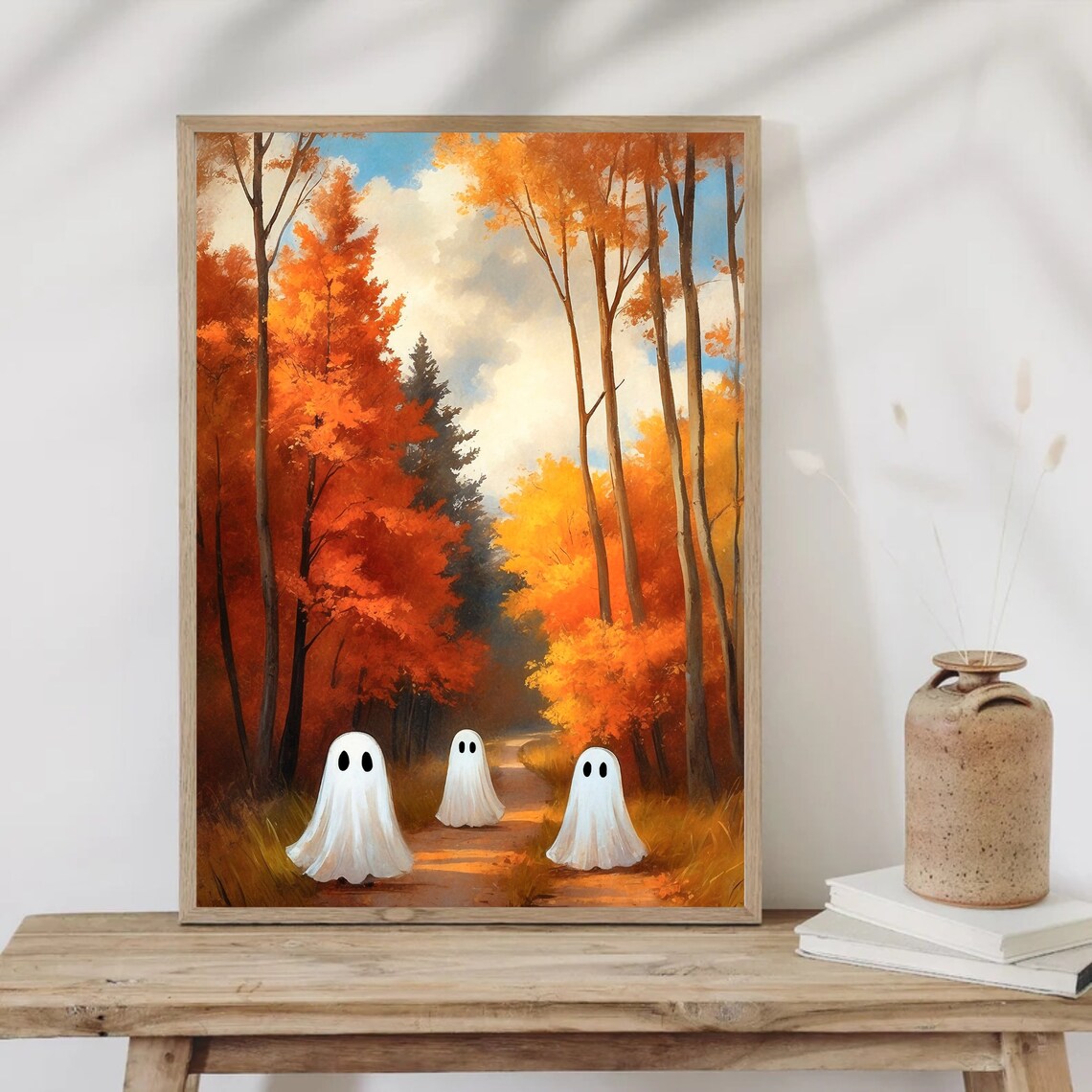 Three Cute Ghosts Wandering A Fiery Orange Autumn Forest Path Vintage Art Print - Image 4