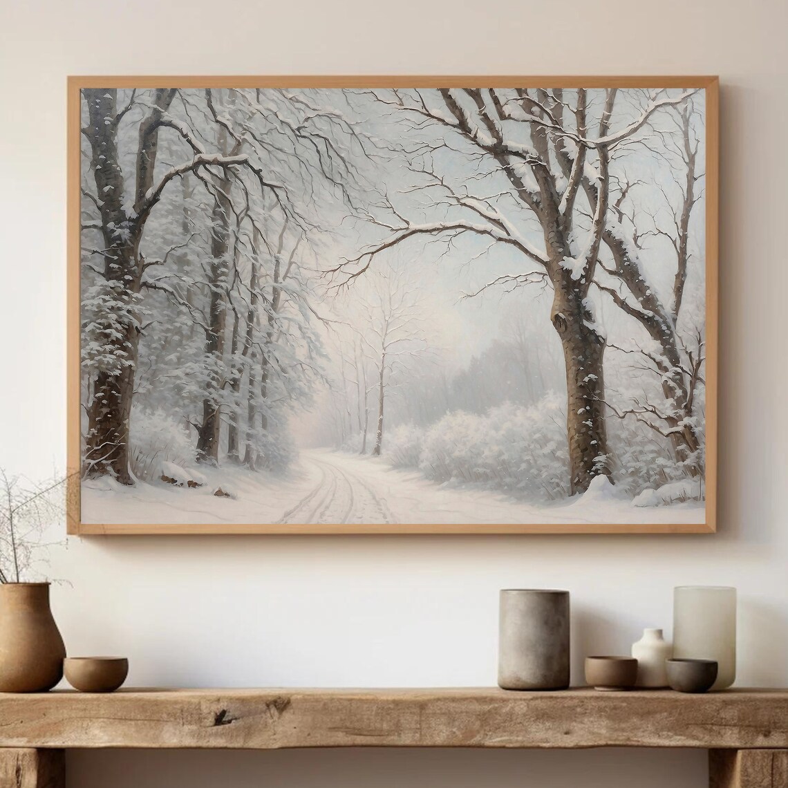 Snow Covered Winter Forest Path With Bare Trees In Soft White Poster - Image 3